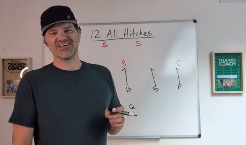 An image of Coach Craig in front of a whiteboard, diagraming flag football plays.